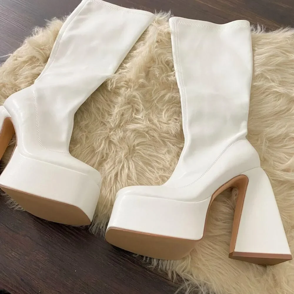 Chunky White Faux Leather Platform Knee High Heel Triangle Heels Boots US 7